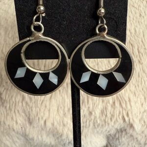 Stylish Vintage Alpaca Mexico Black and Silver Dangle Earrings